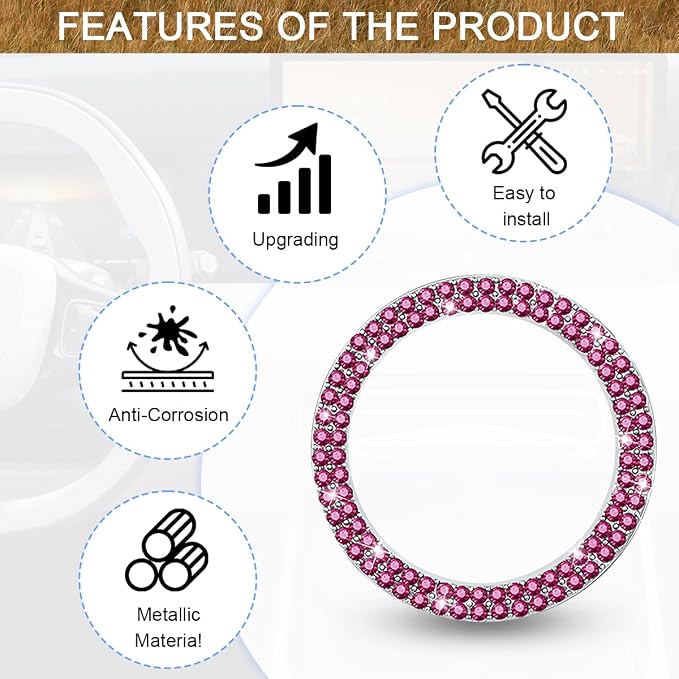 Bling Car Engine Start Ring Decals, 2PCS Sparkling Crystal Rhinestone Vehicle Push to Start Button Sticker, Diamond Auto Key Ignition Knob Decorative Ring, Universal for Vehicles (Purple Red)
