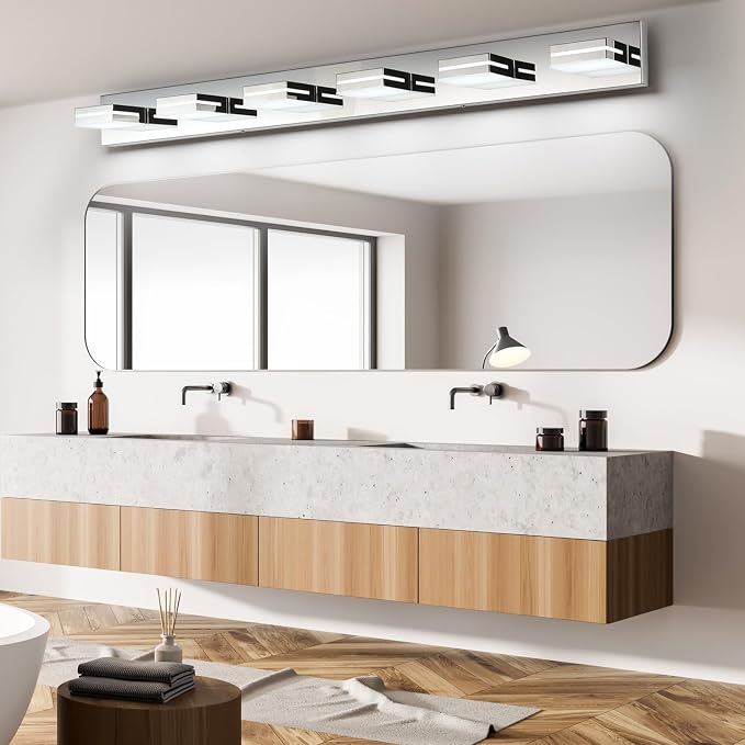 SineRise LED Modern Bathroom Vanity Light Fixtures (6-Light, 48-Inch, Dimmable), Chrome Modern Acrylic Bathroom Wall Lighting Fixtures Over Mirror (Cool White 6000K)