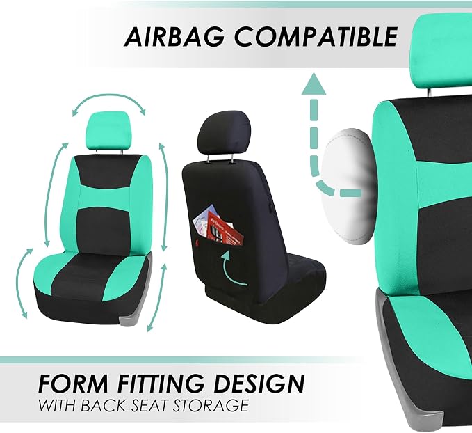 FH Group Full Set Cloth Car Seat Covers , Universal Fit combo, Low Back Front Seat Covers, Airbag Compatible, Split Bench Rear Seat, Washable Seat Cover for SUV,Sedan,Van, Mint