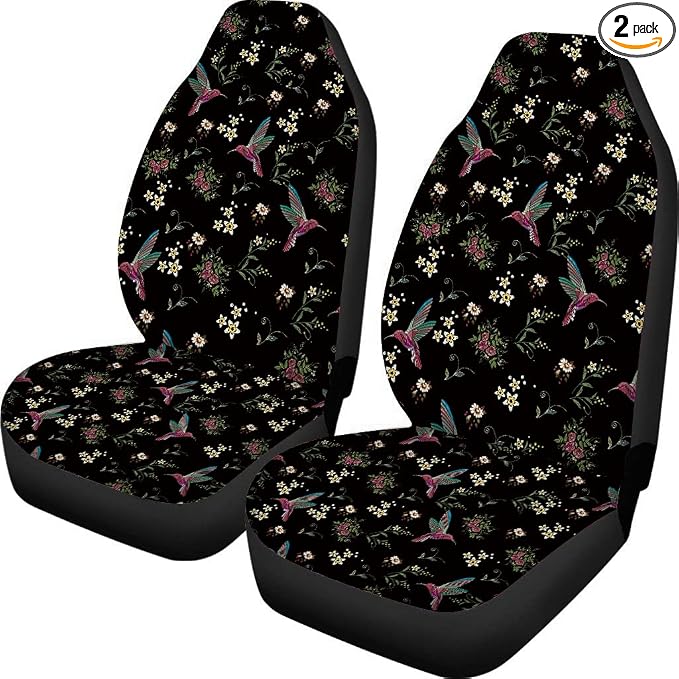 Floral Hummingbird Seat Covers for Car, Universal Stretchy Cars Front Seat Protectors Cover, Women Car Accessories Decoration Saddle Blanket for Bucket Seat, Set of 2