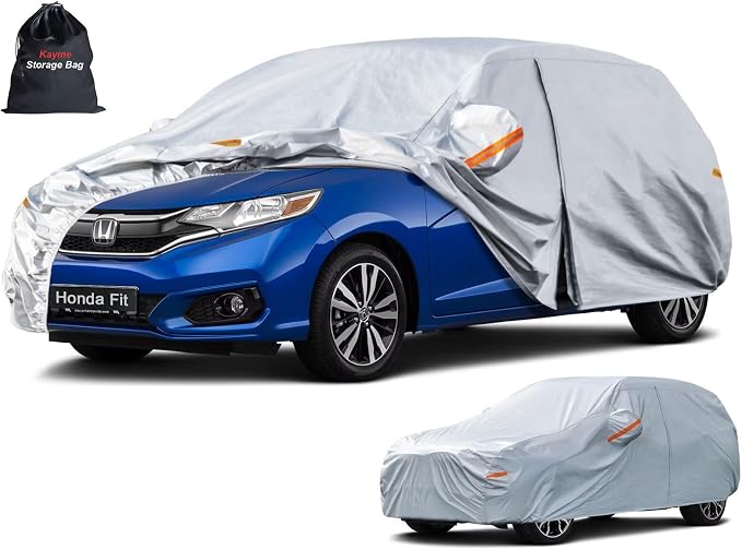 Kayme 6 Layers Hatchback Car Cover Custom Fit for Honda Fit (2001-2026), Waterproof All Weather for Automobiles,Rain Sun Snow UV Protection.Silver