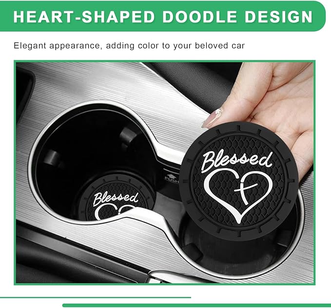 2 PCS Car Cup Holder Coaster, 2.76 Inch Non-Slip Auto Drink Mats with Blessed Cross and Heart, Shockproof Christian Cup Insert Coaster for Most Vehicles, Car Accessories (Black)