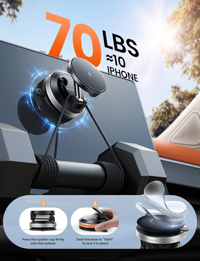 Lamicall 15W for MagSafe Car Mount Charger - [70 LBS Strongest Suction] Magnetic Wireless Car Charger, Suction Cup Phone Mount, Vacuum Magnetic Phone Holder Car Mount for iPhone 17 Pro Max 16 Silver