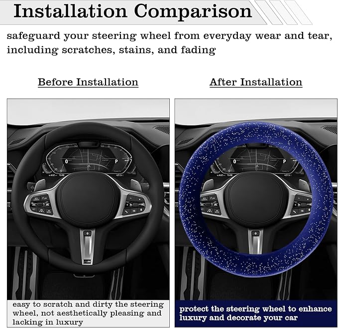 Blue Bling Starry Sky Furry Steering Wheel Cover, Universal 14.5-15 Inch Winter Plush Warm Steering Wheel Cover, Soft Fluffy, Anti-Slip Design, Soft Texture