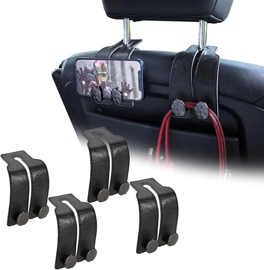 Leather Car Purse Hook for Headrest, 4 Pack (Black-Black) | Twin Hooks Headrest Hangers, 2/4 Pack, No-Slip, Scratch-Proof, Holds Purses, Backpacks, Grocery Bags, Car Organizer Gift