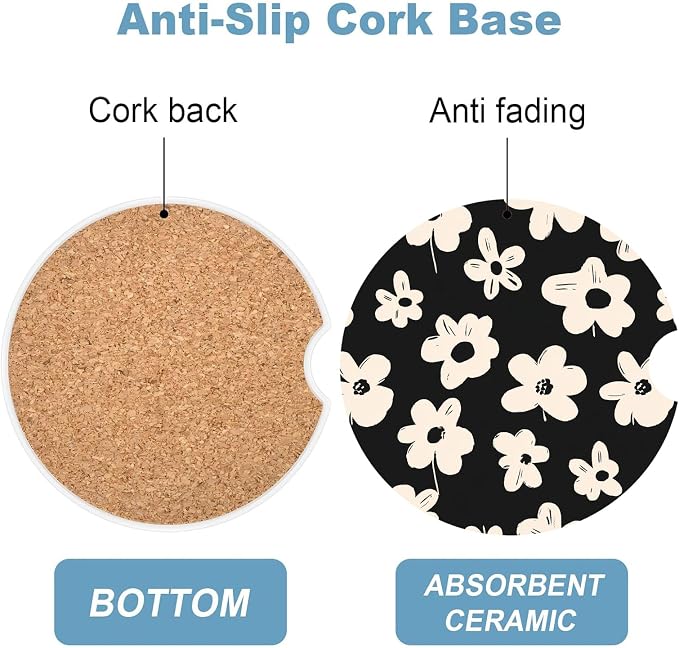 Car Cup Holder Coaster Set of 2, 2.56 in Ceramic Coasters, Scratch-Resistant Cork Backing, Finger Groove Design for Easy Placement, Cute Car Accessories Interior for Women (White Flowers)