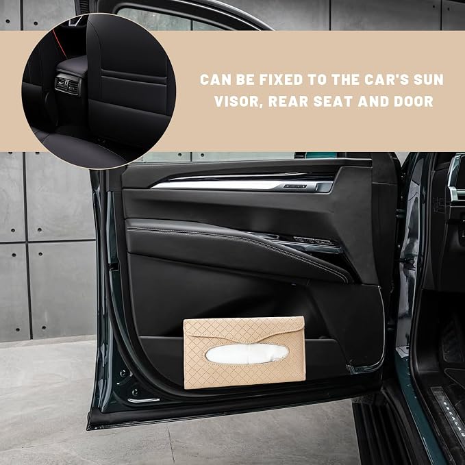 Car Tissue Holder, Auto Sun Visor Napkin Holder Hanging Paper Towel Dispenser with Tissue Refill, Easy Access Leather Paper Towel Storage Case for Most Vehicle Visors (Beige)