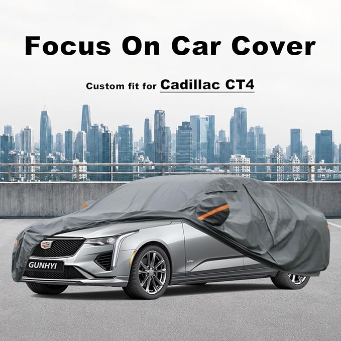 GUNHYI Premium Car Cover Custom Fit Cadillac CT4, 16 Layers Heavy Duty Car Cover Waterproof All Weather with Zipper Door for Sun Rain Snow Dust Uv Protection