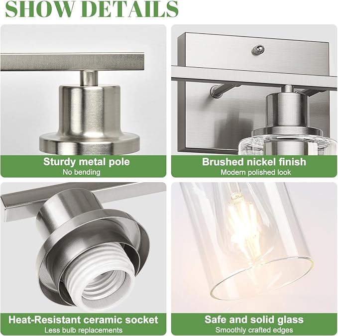 MOKATNG 3-Light Bathroom Light Fixtures, Vanity Light with Clear Glass Shades, Brushed Nickel Bathroom Light Fixtures Over Mirror, Modern Bathroom Wall Lamp for Mirror Living Room Cabinet Bedroom