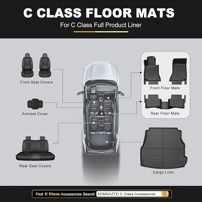 Floor Mats & Cargo Liner for Mercedes-Benz C-Class Sedan 2022-2026 | All Weather Custom Fit Floor Liners & Trunk Mat for C300 C43 AMG C63 AMG, Black