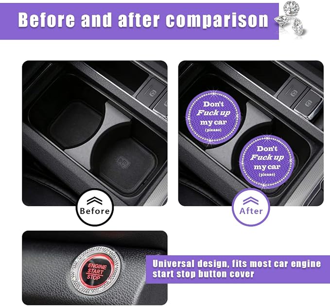Ziciner 2 Pack Bling Car Cup Holder Coasters with Start Stop Button Cover, 2.75 inch Crystal Rhinestone Soft Rubber Auto Cup Insert Pad, Non-Slip Universal Vehicle Interior Accessories (Purple)