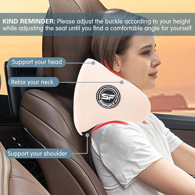 Unique U-Shaped Car Headrest Pillow, Headrest Pillow for Long Rrips, Beige | Adjustable Strap, Memory Foam & Removable Cover, Ergonomic Design Neck Support - Extreme Comfort Car Pillow for Pain Relief