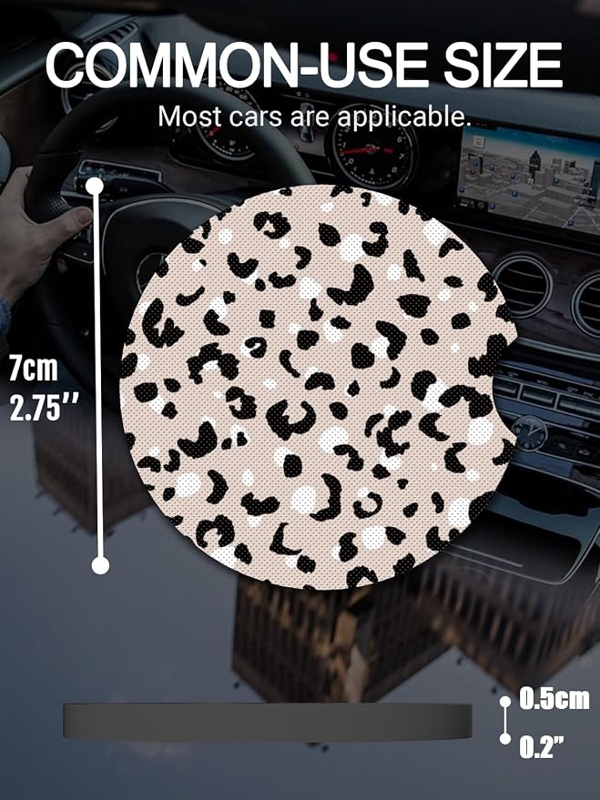 WOCOCN Cute Cup Holder Coasters for Your Car with Fingertip Grip, Auto Accessories for Women & Men,Pack of 2(White Leopard)