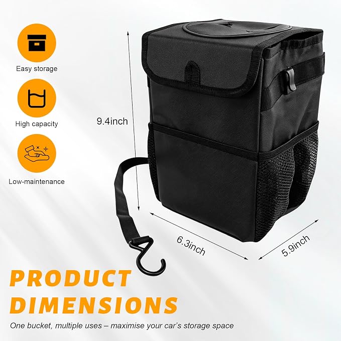 Car Trash Can with Lid, Multipurpose Collapsible Auto Garbage Bin with 3 Storage Pockets, Waterproof Leakproof Oxford Cloth Organizer Hanging Portable Trash Bin for Most Vehicles (Black)