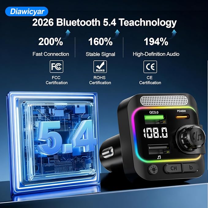 63W FM Transmitter Bluetooth Car Adapter, Wireless FM Bluetooth Transmitter | [PD 45W & QC3.0] Fast Charge, Deep Bass Player, Hands-Free Calling, Black