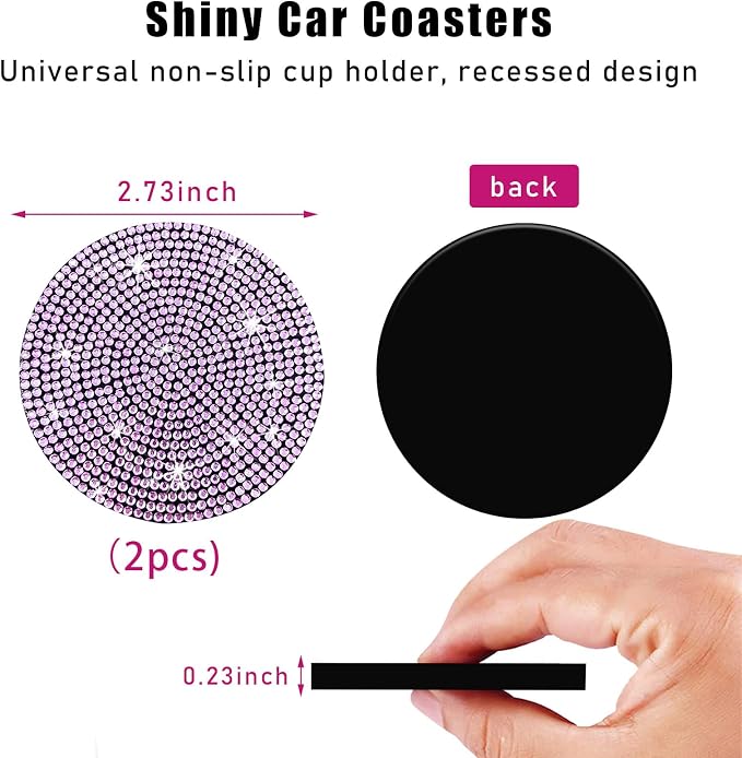 Ziciner 2PCS Bling Car Cup Holder Coaster, 2.73 Inch Anti-Slip Cup Insert Coasters, Crystal Rhinestone Auto Drink Cup Mat, Universal Interior Decor Car Accessories for Women Girls (Pink)