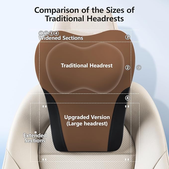 BABUR Car Headrest Pillow, Ergonomic Neck Support for Driving Seat 1 Pcs | Brown,100% Memory Foam,Universal Fit,Softness,Adjustable Strap,Breathable Removable Cover,Car Rest Pillow for Pain Relief