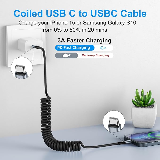 USB C to USB C Cable [3FT+6FT], 2Pack Coiled USB C Charger Cable for Car | Carplay Android Auto Type C Fast Charging Cable for iPhone 17/16/ 15/Plus/Pro Max/Samsung Galaxy S26 and More USB C Devices