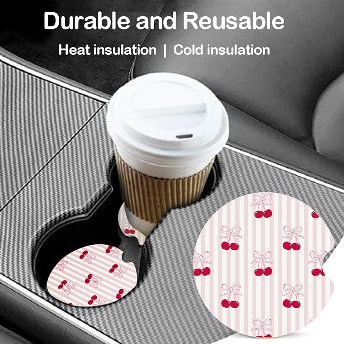 Ceramic Car Coasters – Absorbent Car Cup Holder Coaster Set for Women, Cute Aesthetic Car Accessories for Girls, 2 Pack (Hot Pink)