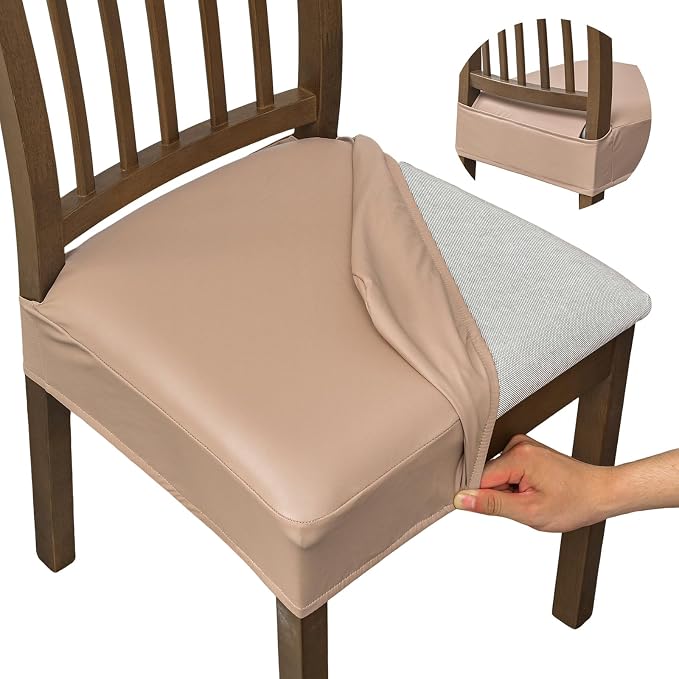 NILUOH Waterproof Seat Covers for Dining Room Chairs Set of 6, Pu Leather Chair Seat Slipcovers Dining Chair Cover Removable Washable Chair Protctor Cover, Rear Covers (PU-Khaki)