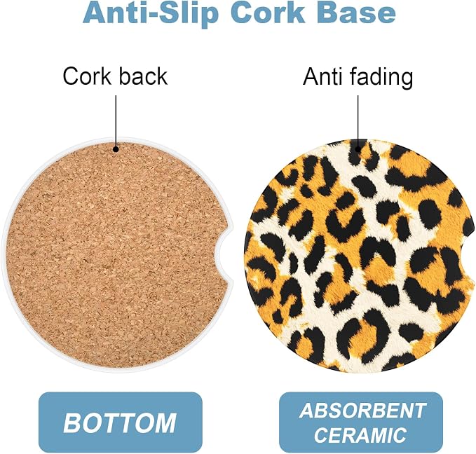 2 Pack Car Cup Holder Coaster, 2.63 inch Anti Slip Insert Absorbent Ceramic Car Coaster with Cork Base and Finger Notch, Cute Car Accessories Interior for Women, Cute Car Coasters.