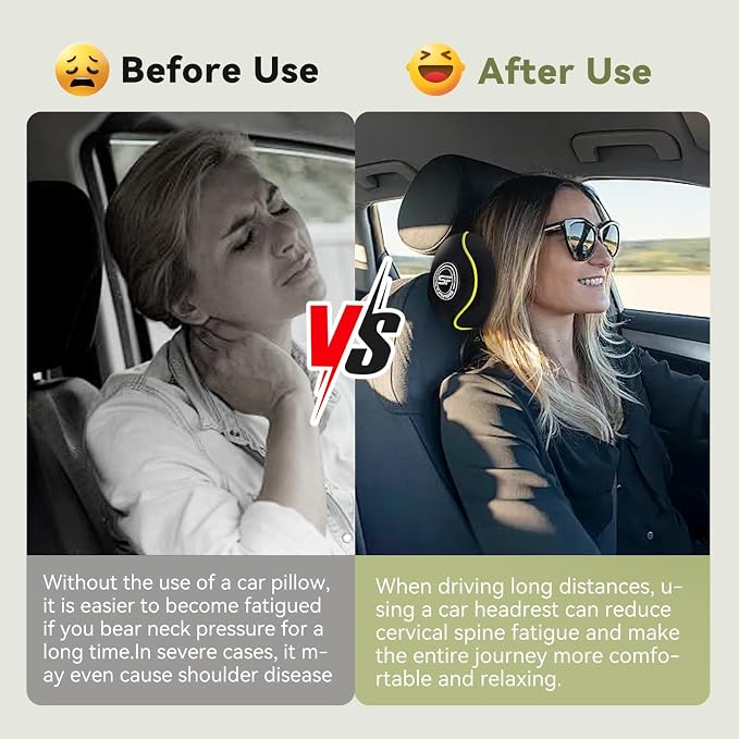 Really Chic Car Headrest Pillow, 2 Pack Car Pillow with Adjustable Strap | 100% Memory Foam Neck Pillow, Ergonomic Design -Car Neck Pillow for Driving(Includes 2 Eye Masks, Yellow Side Rope)