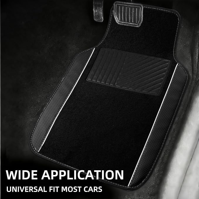 NBTEPEM Waterproof Universal Fit Car Floor Mats, Faux Leather Sporty Car Carpet Mats with Anti-Slip Nibbs Backing & Driver Heel Pad Fit for SUV, Vans, Sedans, Trucks, Set of 4 (Black with White line)