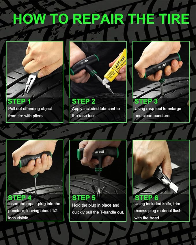 20PCS Tire Repair Kit – Flat Tire Plug Kit includes Ergonomic T-Handle Tools with Rubber Covered Grip, 2 Sizes Tire Repair strips, Knife, Tire Pressure Gauge & Lubricant – Car, SUV, Motorcycle, ATV