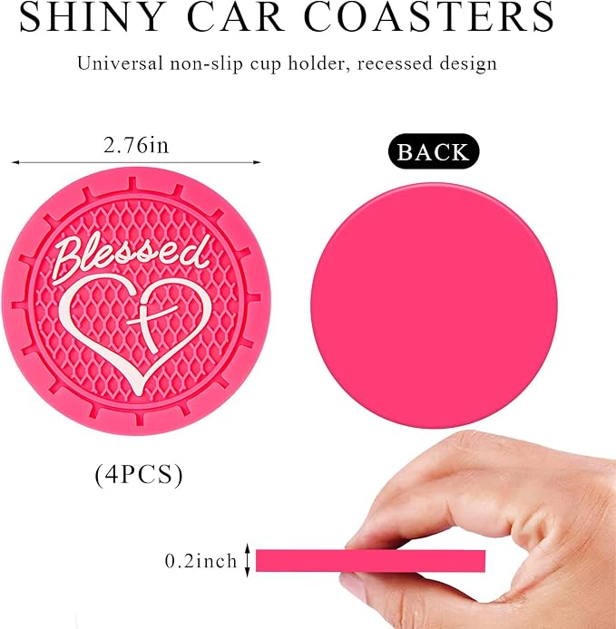 KVAEY 2 PCS Car Cup Holder Coasters, 2.76 Inch Anti Slip Vehicle Drink Mats with Cute Blessed Cross and Heart, Shockproof, Universal Car Accessories (Rose Red, 4 PCS)