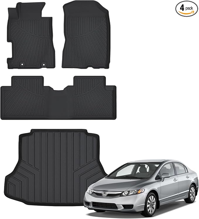 Floor Mats for 2006-2011 Honda Civic Gas Sedan Upgrade Trunk Mat All Weather TPE Floor Liners Fit for 2006-2011 Civic 1st & 2nd Row and Cargo Liner Anti-Slip Full Set Car Mats (Not for Coupe)