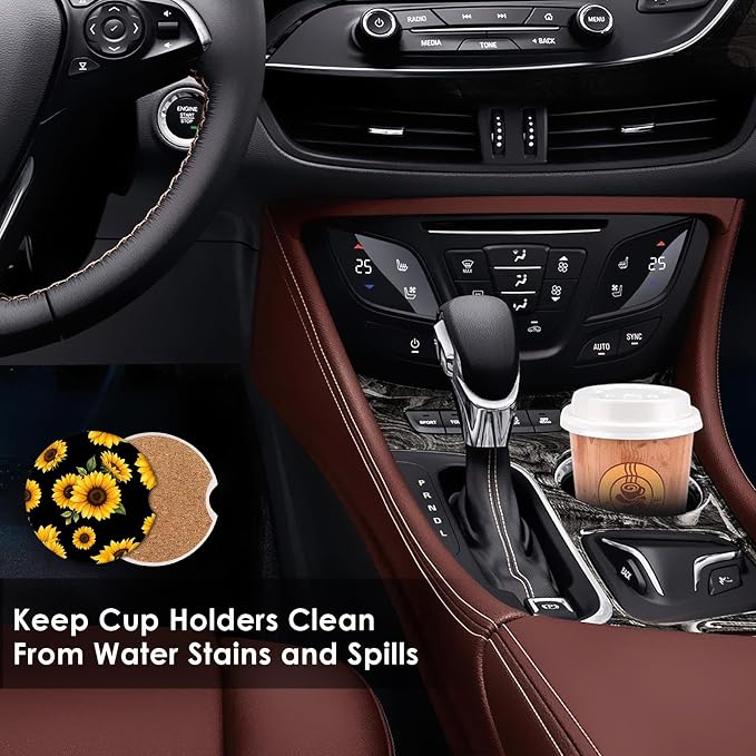 Britimes Absorbent Car Coasters 2 Pack for Cup Holders, 2.56" Ceramic Stone & Non-Scratch Cork Base Drink Coasters Sunflower