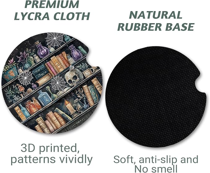 Yonlevres Car Coasters for Cup Holders，2.75" Universal Size Anti Slip Rubber Mat with A Finger Notch, 2 Pack Cup Holder Coasters for Car Interior Accessories for Women Men Gothic Bookshelf