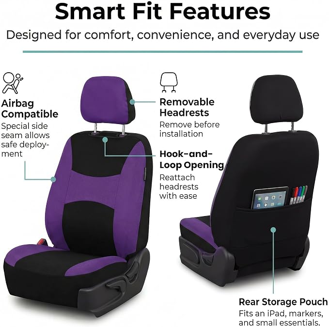 FH Group Universal Car Seat Covers Front Set for SUV Truck Sedan Vans | Waterproof All-Purpose Cloth Seat Cover Set Airbag Compatible Washable Split Bench Protector Interior Upgrade - Purple