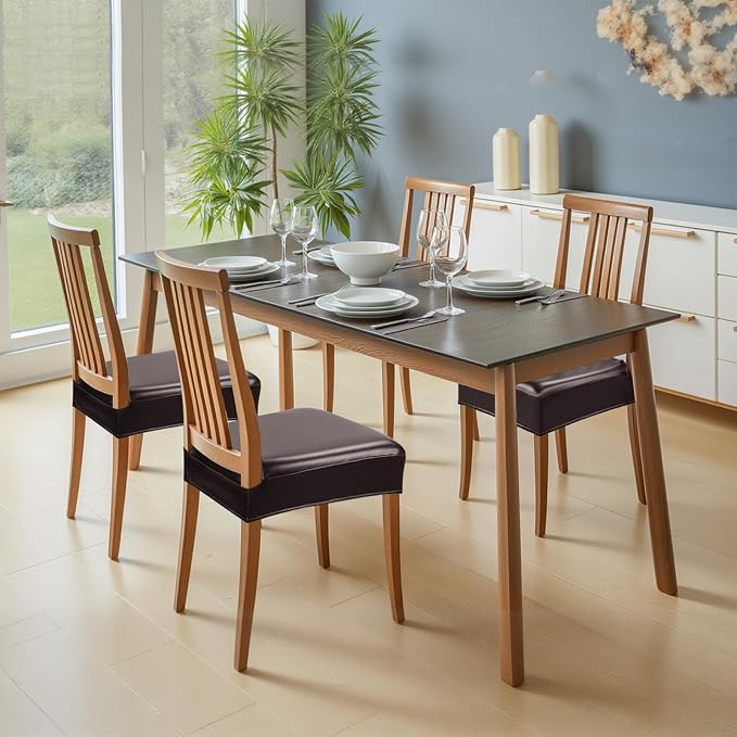 Waterproof Dining Chair Seat Covers Leather Kitchen Seat Covers, Stain Resistant Stretch Chair Seat Covers for Dining Room Chairs Set of 6, Rear Covered Washable Dining Chair Cover Dark Coffee