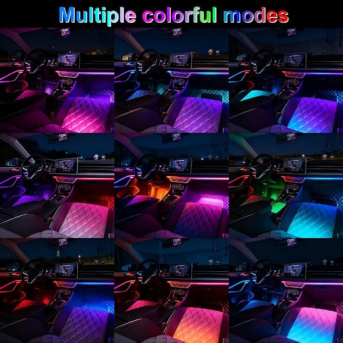 Acrylic Interior Car Ambient Lighting Kits, LED Strip Lights with Wireless APP, Neon Fiber Optic Lights Function LED Strip for Car with Music Modes (6 in 1)