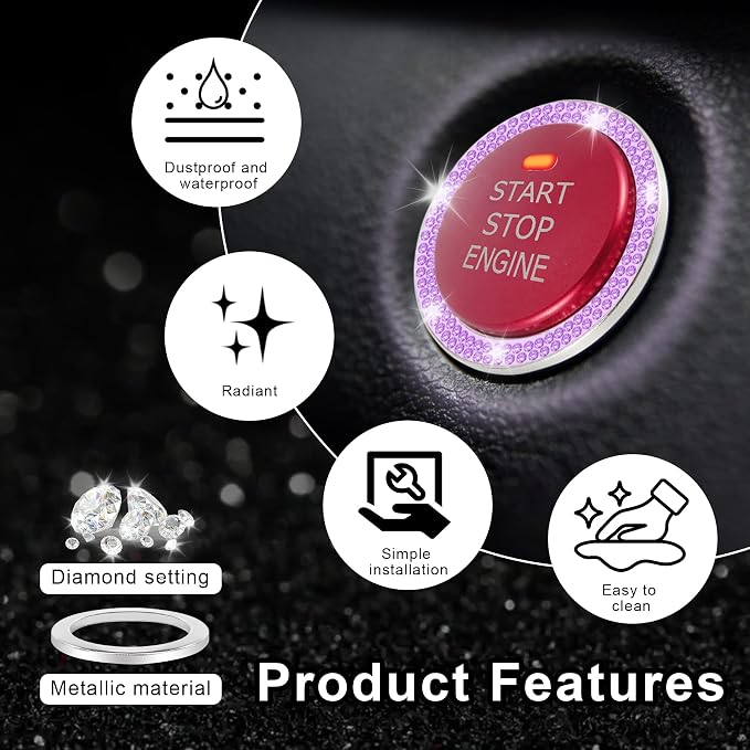 LivTee 2 PCS Crystal Double Rhinestone Car Engine Start Stop Decoration Ring, Bling Car Interior Accessories for Women, Push to Start Button Cover Sticker, Automotive Decals, Purple