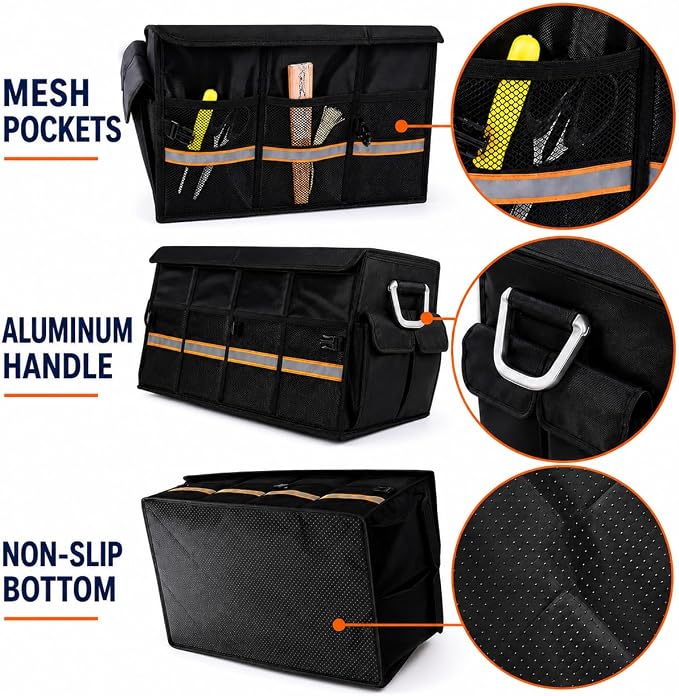 Premium Car Trunk Organizer, Heavy Duty Foldable SUV Storage Box with Non-Slip Bottom, Waterproof Oxford Cloth, Large Capacity Sturdy Cargo Organizer for Car, Truck