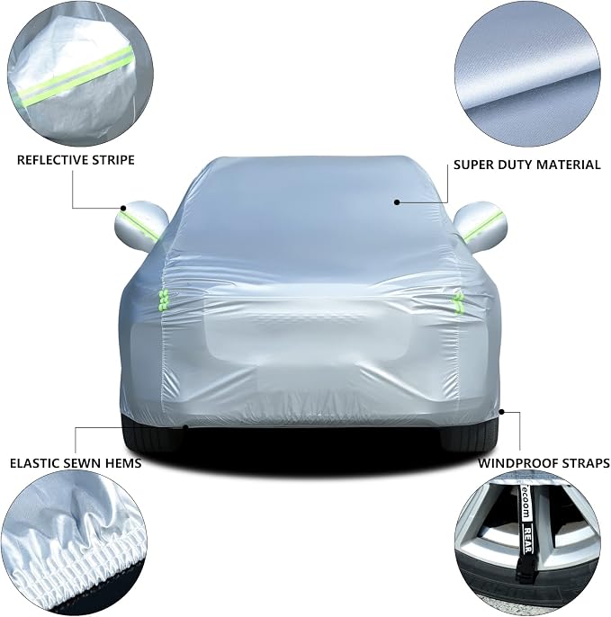 Tecoom Light Shell Waterproof UV-Proof Windproof Car Cover Classic Zipper Design for All Weather Indoor Outdoor Fit 206-215 Inches Full-Size SUV