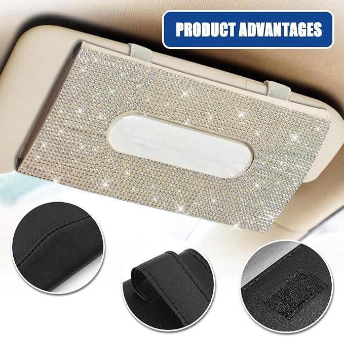 Bling Car Sun Visor Tissue Box Holder, Visor Accessories, Rhinestone PU Leather Crystal Sparkling Napkin Holder, Auto Sun Visor Paper Towel Cover Case Accessories for Most Cars (Beige+White)