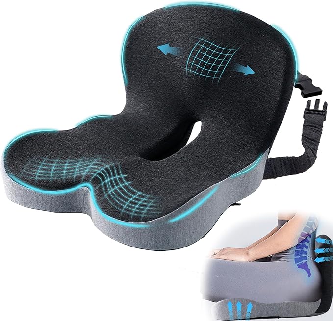 Car Seat Cushion, Memory Foam Driving Cushion with Adjustable Strap, Ergonomic Pad for Car & Semi Truck, Office Chair Cushion for Sciatica & Lower Back Pain Relief, Light Gray & Dark Gray