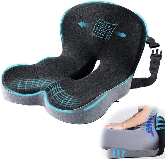 Car Seat Cushion, Memory Foam Driving Cushion with Adjustable Strap, Ergonomic Pad for Car & Semi Truck, Office Chair Cushion for Sciatica & Lower Back Pain Relief, Light Gray & Dark Gray