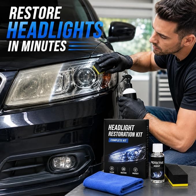Automotive Headlight Restoration Kit - Fast & Easy Car Headlight Cleaner for Oxidized, Yellowed Headlamps - Refurbishing Fluid Restores Clarity & Brightness for All Vehicle Types