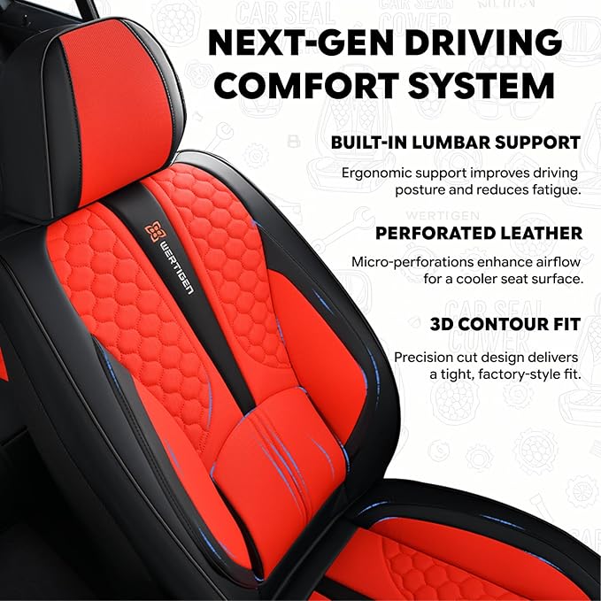 Red Car Seat Covers Full Set Luxury Waterproof | Leather Auto Seat Protector with Airbag Compatible Design, Breathable Non-Slip Cushion, Easy Installation, Fits Most Cars