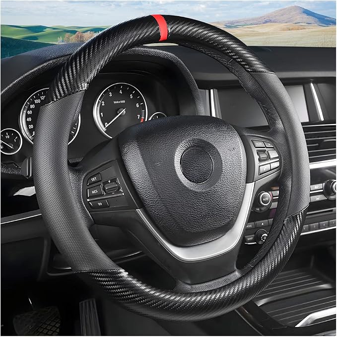 Osilly Car Steering Wheel Cover, 15 inch Anti-Slip Steering Wheel Protector, Carbon Fiber & Microfiber PU Leather Steering Wheel Cover for Women and Men, Universal Fit for Most Vehicles (Black)
