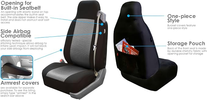 FH Group All Purpose Flat Cloth Car Seat Covers for Bucket Seats, 2 Piece Universal Fit, Washable Seat Covers for SUV, Sedan, Van - Front Set Gray