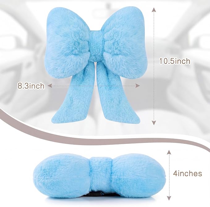 Macarrie 2 Pcs Car Neck Pillow Plush Butterfly Bow Car Headrest Pillow Comfortable Seat Neck Support Cute Head Rest Accessories for Driving Travel Driver Chair Girl Interior Decor (Blue,Solid)