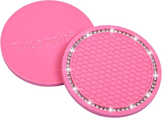Bling Car Coasters, Wisdompro 4 Pack PVC Car Cup Holder Insert Coaster - Anti Slip Universal Vehicle Interior Accessories Crystal Glitter Cup Mats for Women and Men (2.75" Diameter, Pink)