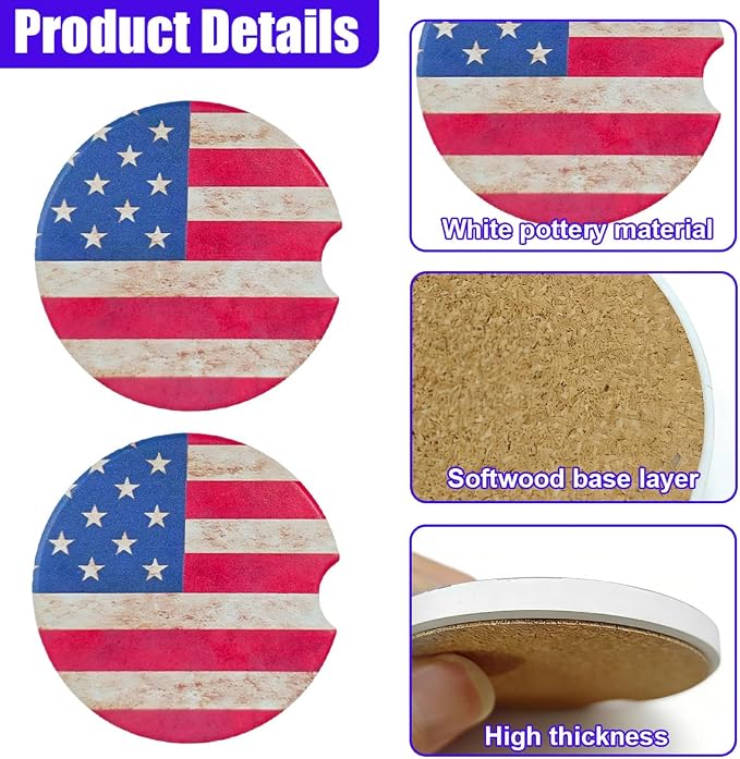 Craedli 2PCS American Flag Car Coasters for Cup Holders, 2.51" Absorbent Ceramic Anti-Slip Drink Insert Car Cup Holder Coaster with Finger Notch, Universal Auto Interior Accessory for Women Men (Red)