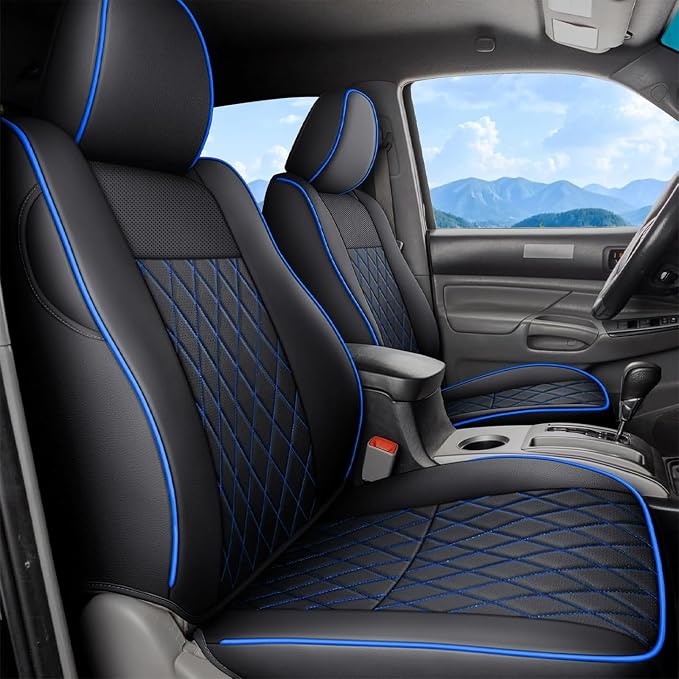 Coverado Tacoma Seat Covers Full Set, Faux Leather Seat Covers Custom Fit for 2005-2015 Toyota Tacoma Double/Crew Cab Base Prerunner SR5 Limited TRD Sport Interior Covers (Blue Line)