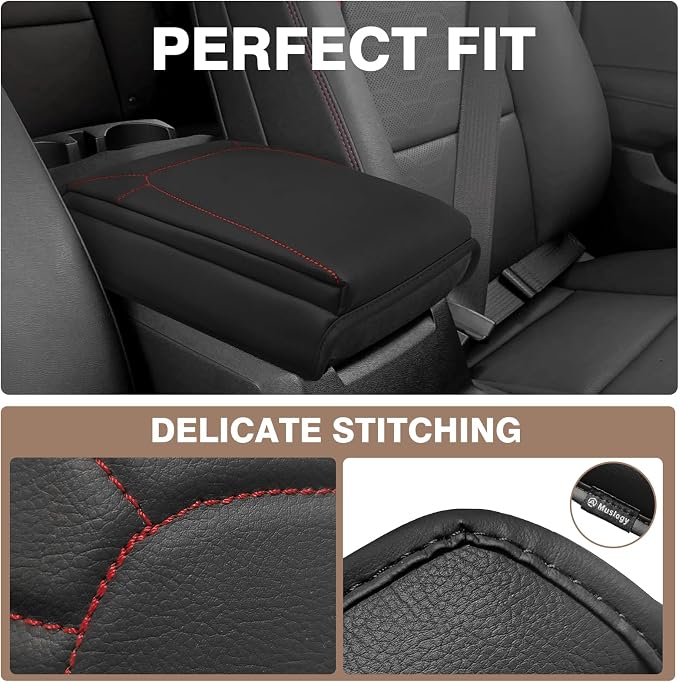 Muslogy Center Console Armrest Cover Fit for Chevrolet Colorado/GMC Canyon 2023-2026 Accessories, Comfort Armrest Pad Console Lid Cushion Vegan Leather 1-Inch Extra Thick(Red Stitching)